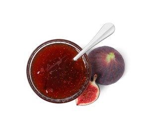 Photo of Glass bowl with tasty sweet jam, spoon and fresh figs isolated on white, top view