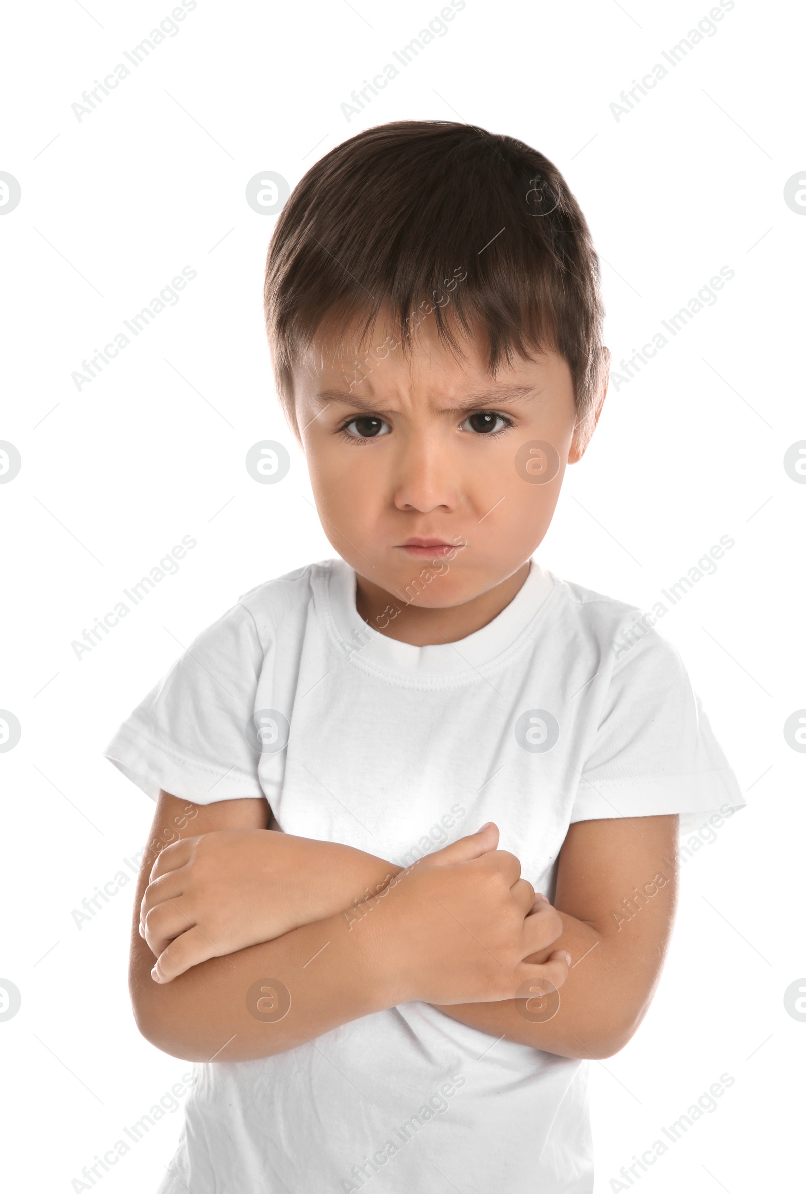 Photo of Portrait of emotional little boy on white background