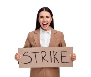 Angry woman holding cardboard banner with word Strike on white background