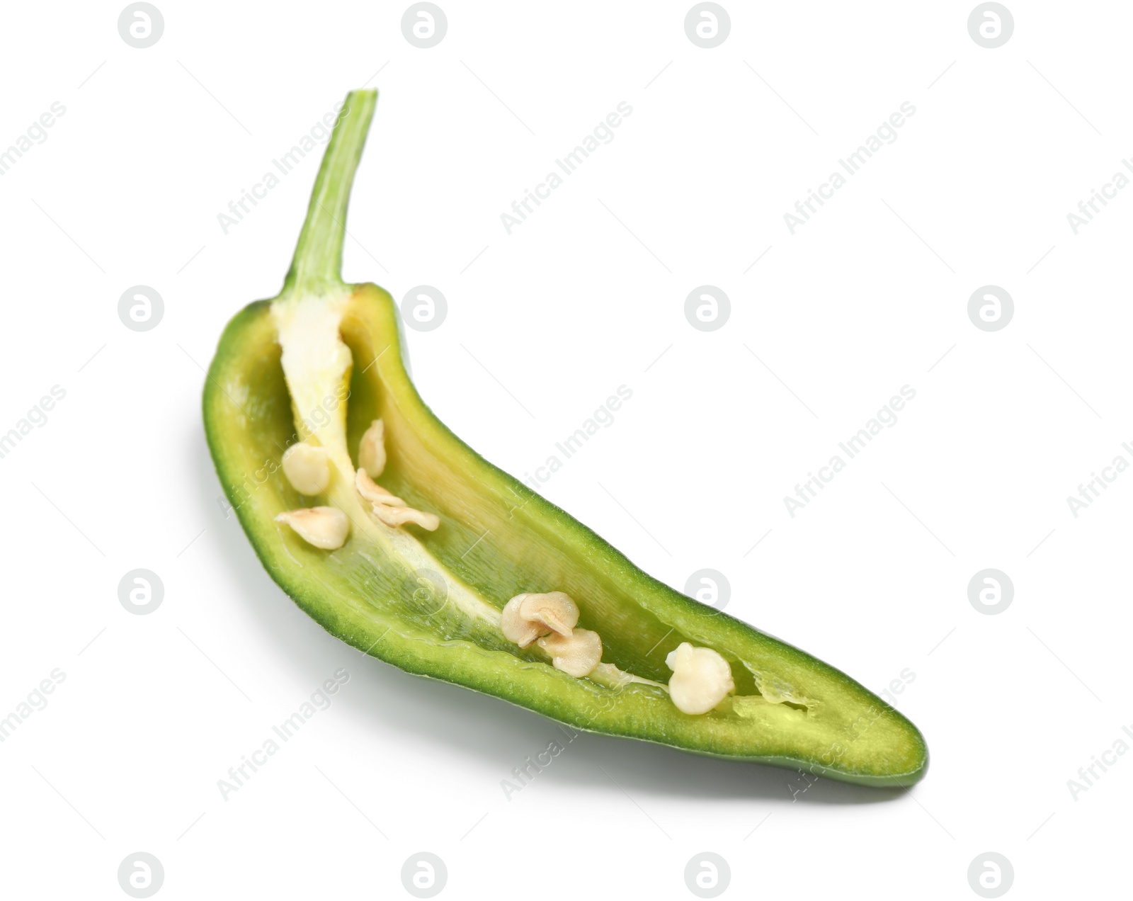 Photo of Cut green hot chili pepper on white background