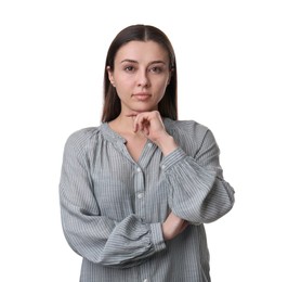 Photo of Portrait of young woman on white background. Personality concept