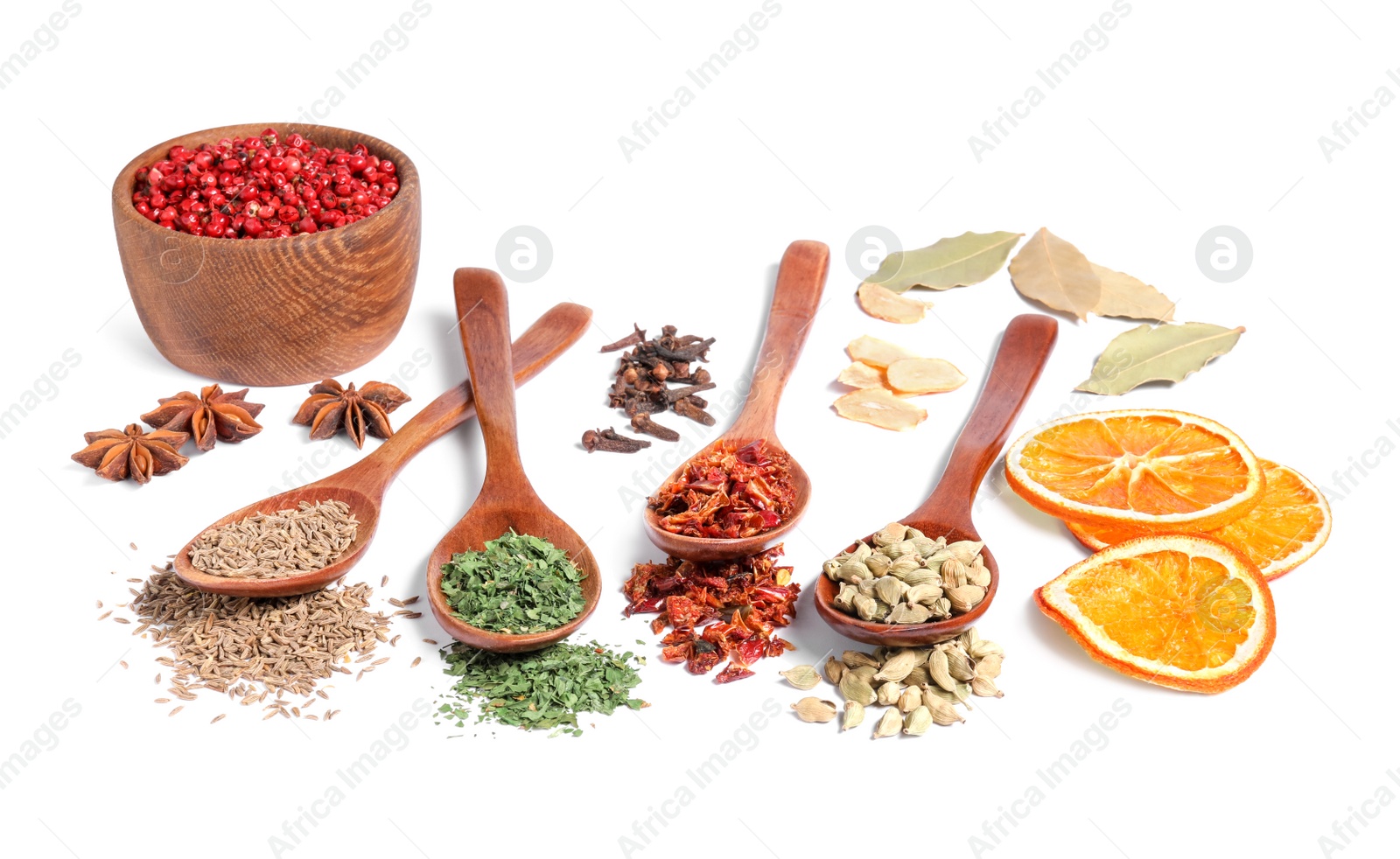 Photo of Wooden spoons with different spices on white background