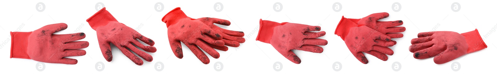 Image of Dirty gardening gloves isolated on white, set