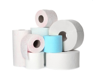 Photo of Different toilet paper rolls on white background