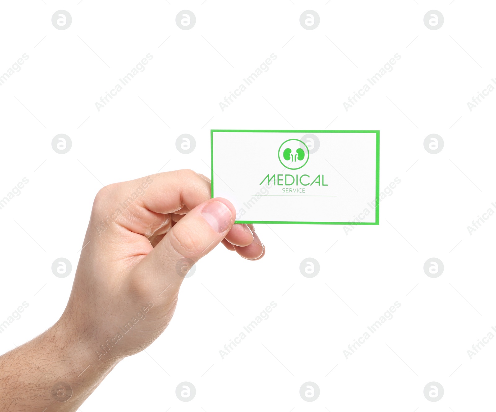 Photo of Man holding medical business card isolated on white, closeup. Nephrology service