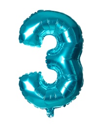 Photo of Blue number three balloon on white background