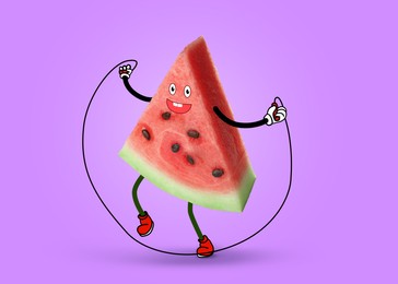 Image of Creative artwork. Happy watermelon jumping rope. Slice of fruit with drawings on violet background