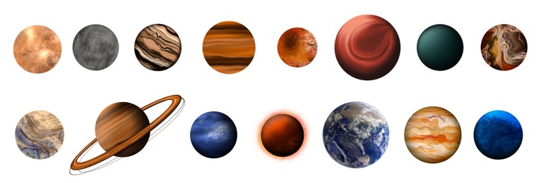 Set with many different planets on white background, banner design