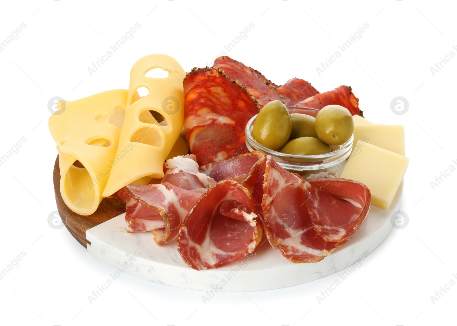 Photo of Serving board with delicious cured ham, cheese, sausage and olives isolated on white