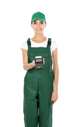 Photo of Female courier with terminal for contactless payment on white background