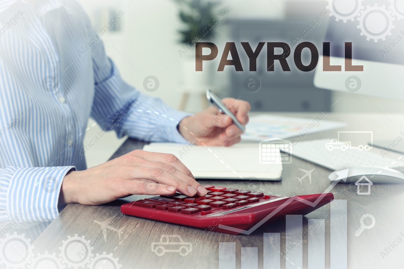 Image of Payroll. Woman using calculator at wooden table, closeup. Illustrations of bar graph, arrow and icons