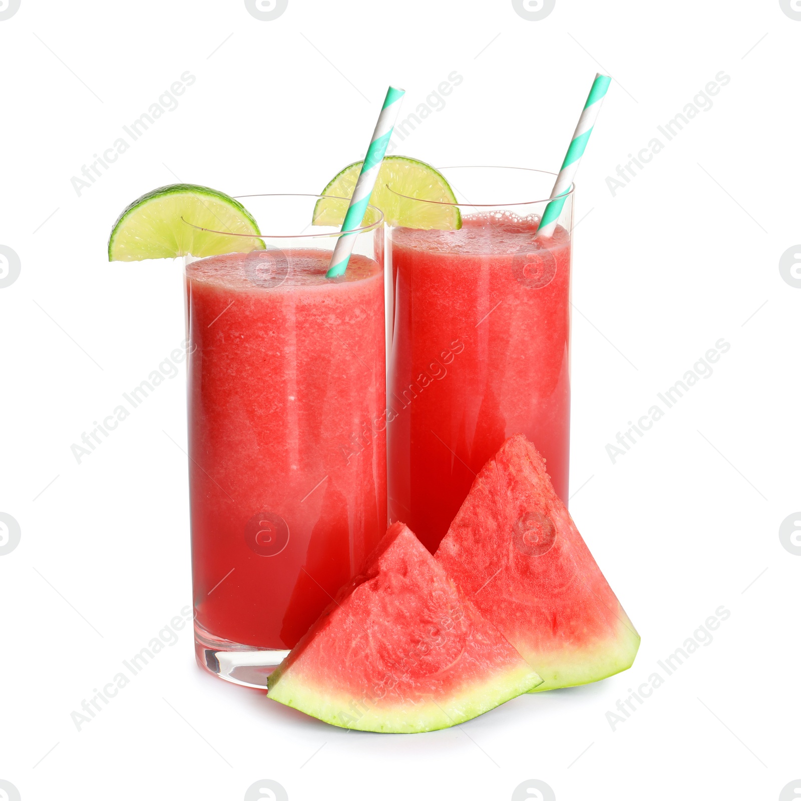 Photo of Tasty summer watermelon drink in glasses and slices of fresh fruit on white background