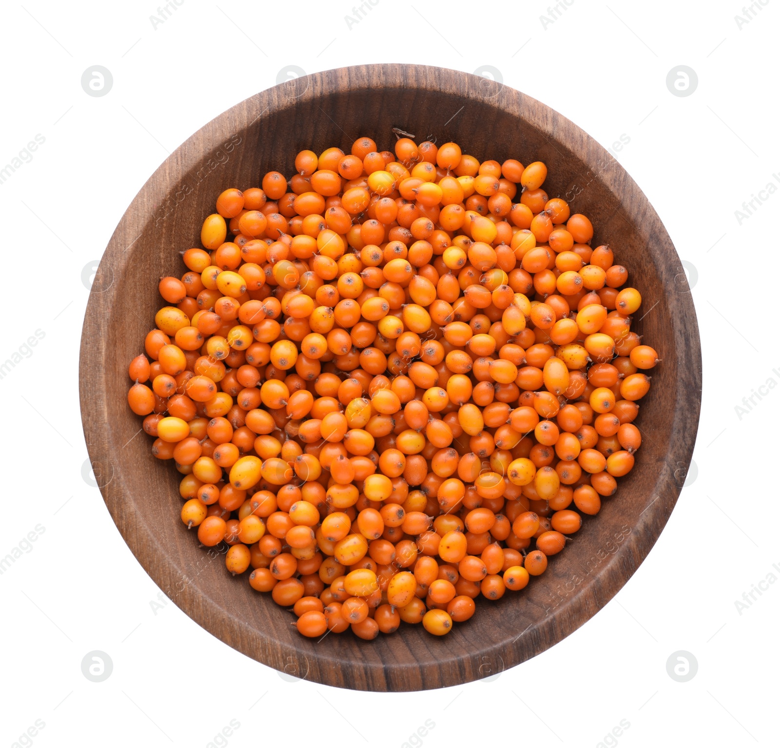 Photo of Fresh ripe sea buckthorn berries in wooden bowl isolated on white, top view