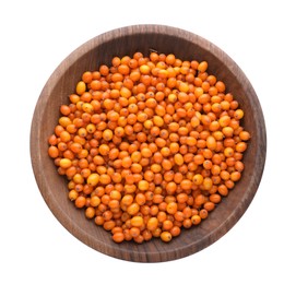 Fresh ripe sea buckthorn berries in wooden bowl isolated on white, top view