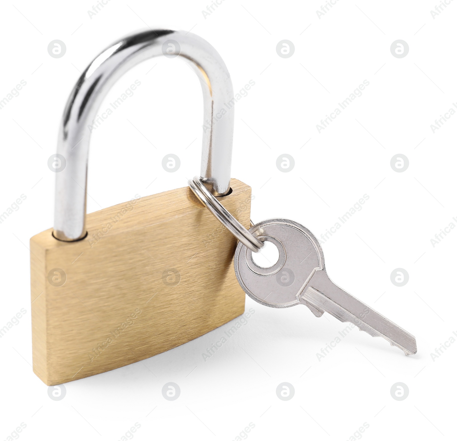 Photo of Steel padlock and key isolated on white