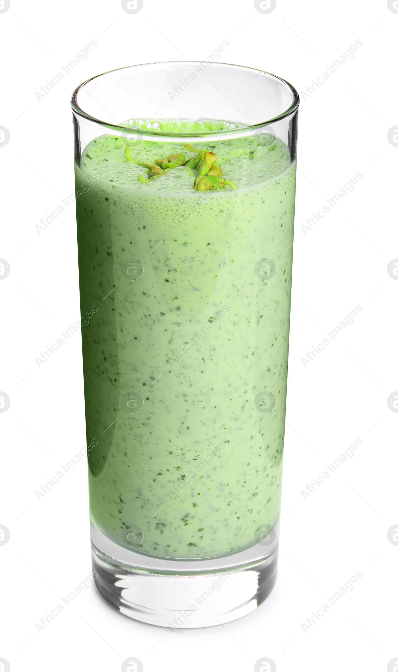 Photo of Glass of green buckwheat smoothie isolated on white