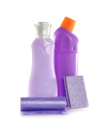 Set of cleaning supplies on white background