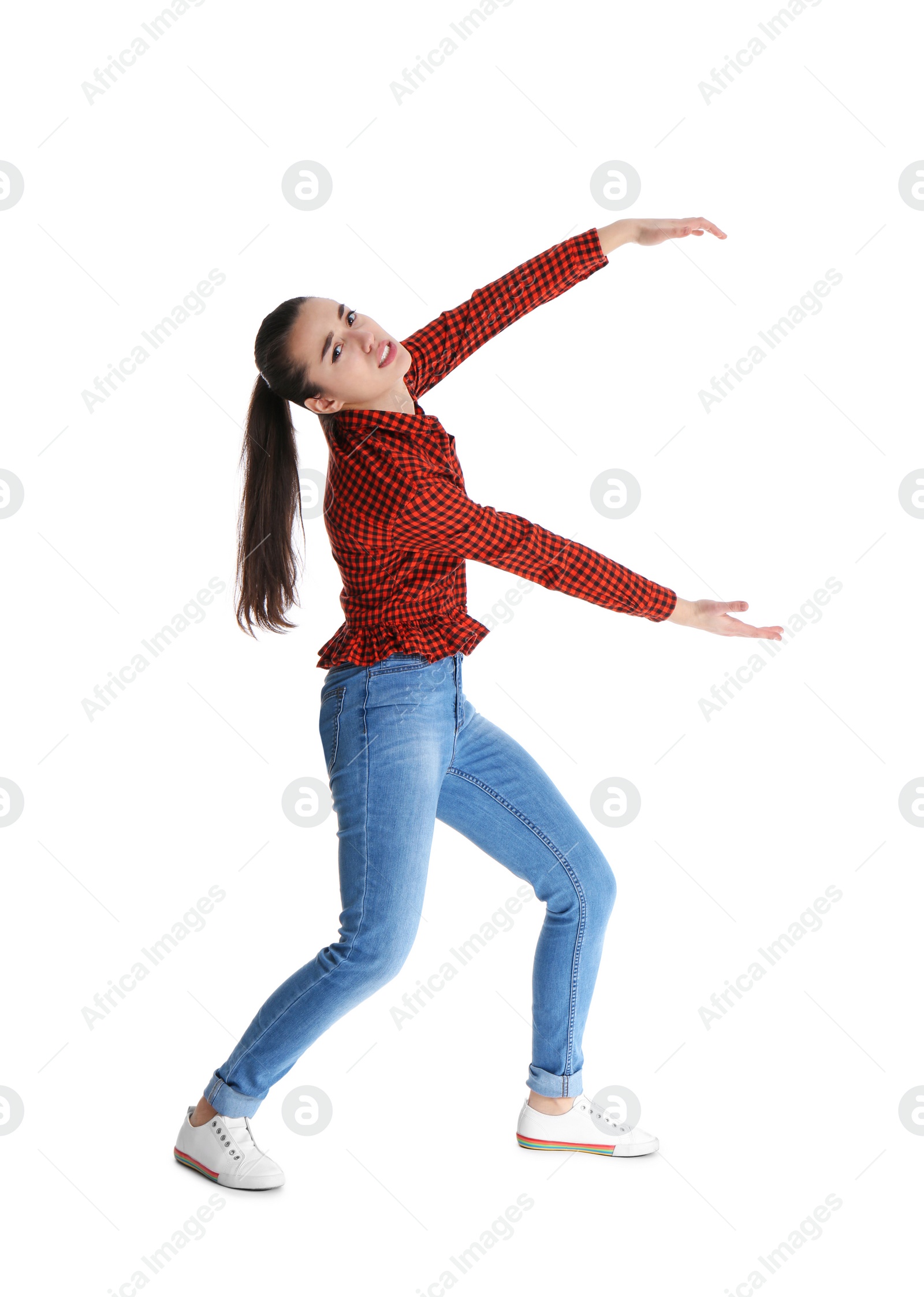 Photo of Young woman with magnet attracting people on white background