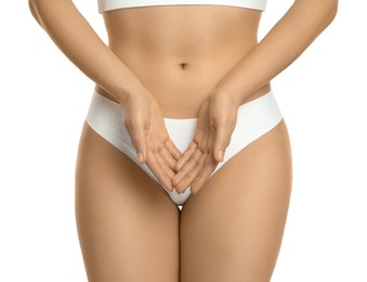 Gynecology. Woman in underwear on white background, closeup