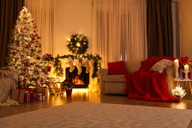 Photo of Living room with Christmas decorations. Interior design