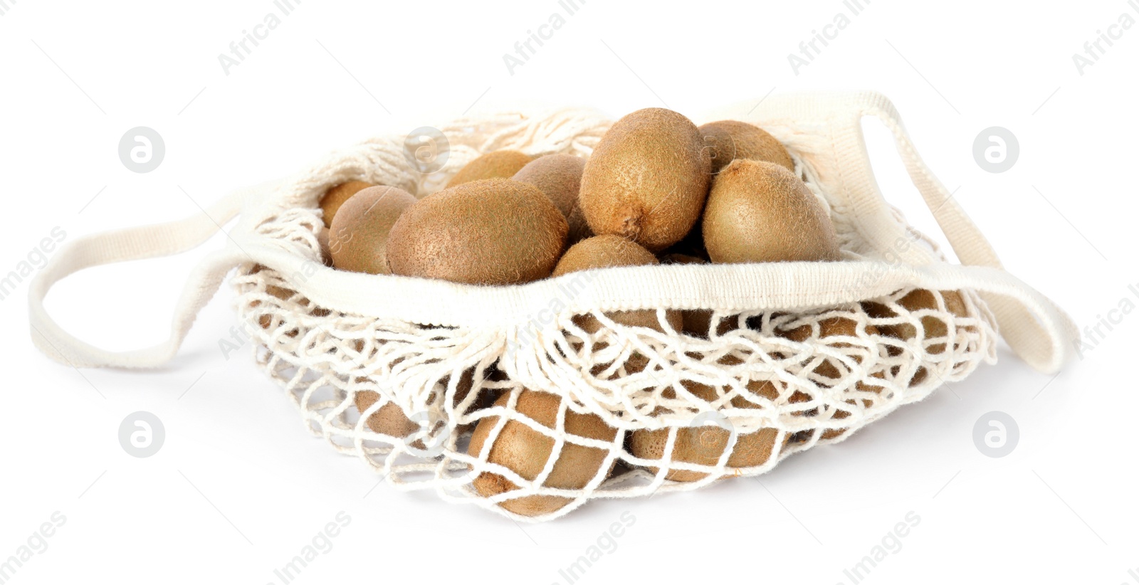 Photo of Whole fresh kiwis in net bag isolated on white