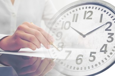 Image of Woman and clock, double exposure. Time concept