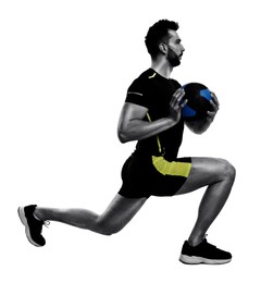 Image of Athletic man doing exercise with medicine ball isolated on white