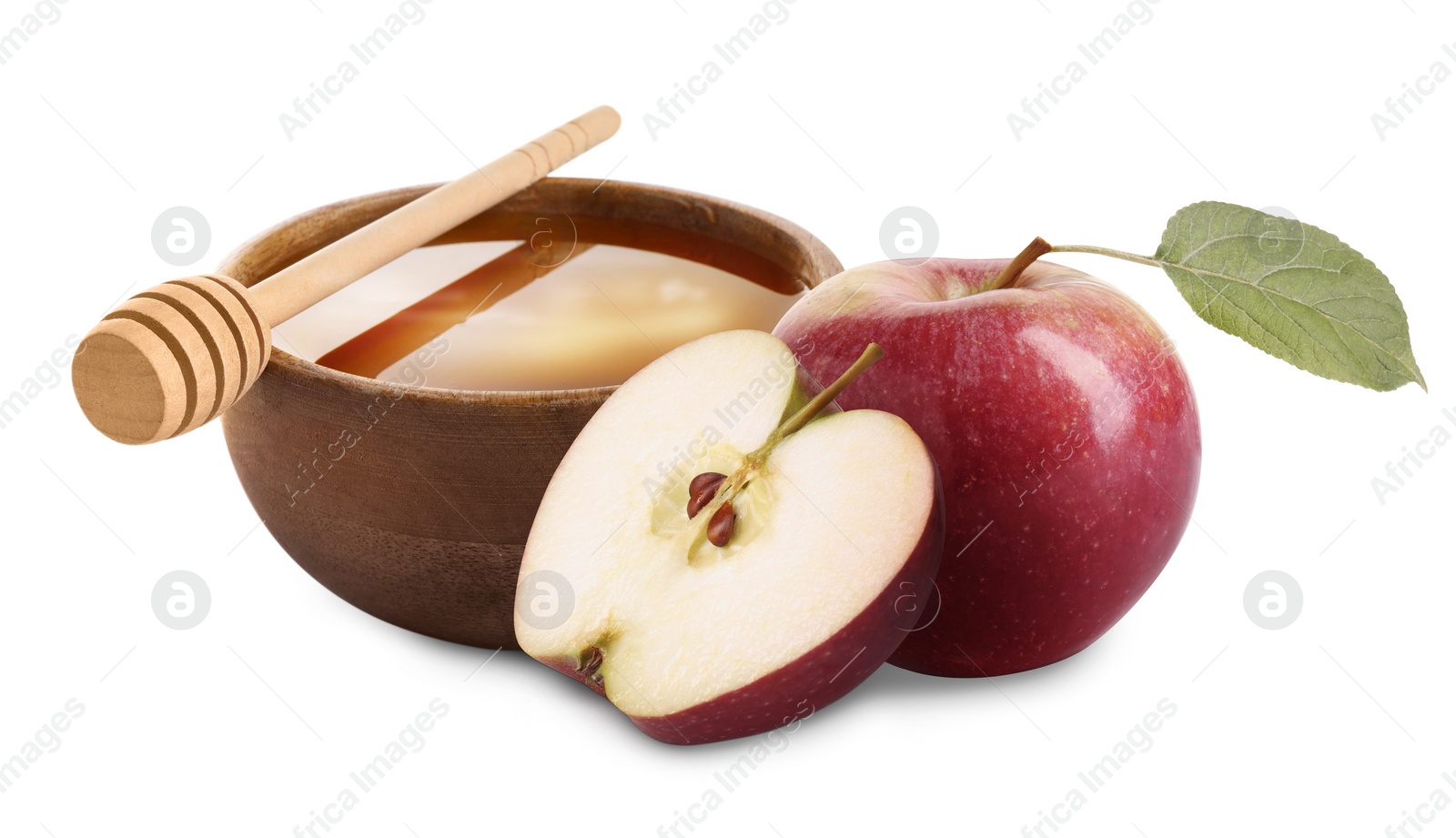 Image of Honey in bowl and apples isolated on white