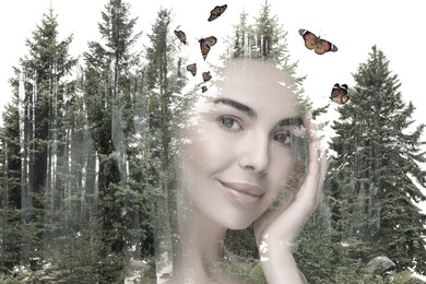 Double exposure of pretty woman and conifer forest on white background. Beauty of nature