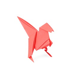 Photo of Origami art. Handmade red paper dinosaur on white background
