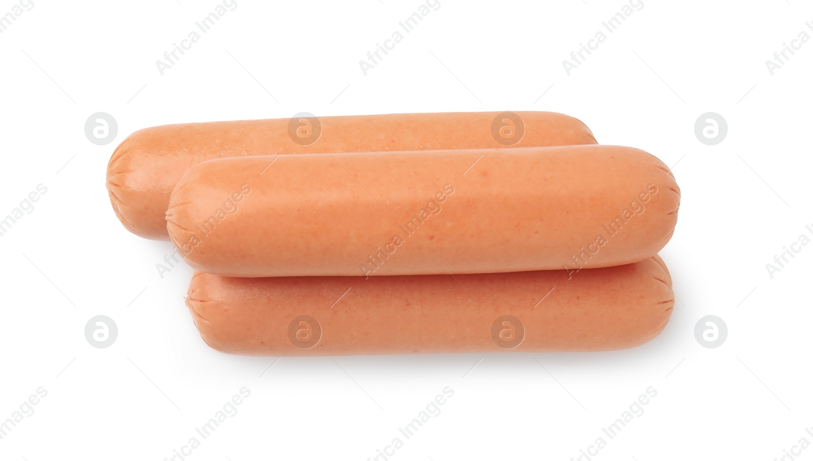 Photo of Delicious boiled sausages on white background, top view