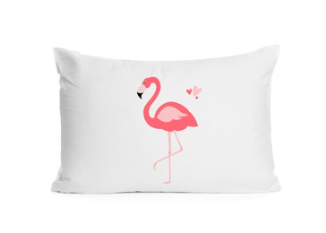 Image of Soft pillow with printed cute flamingo isolated on white