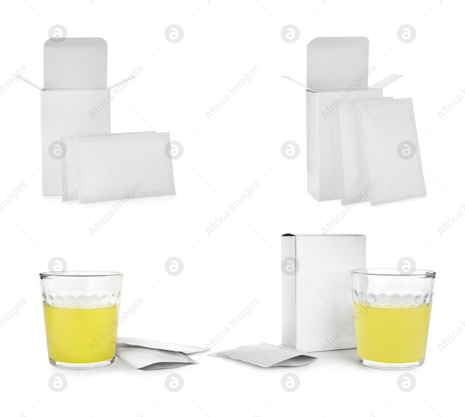 Image of Set with sachets of medicine on white background