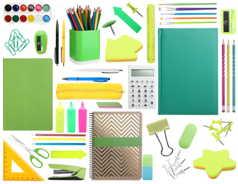 Image of Set of bright school stationery on white background