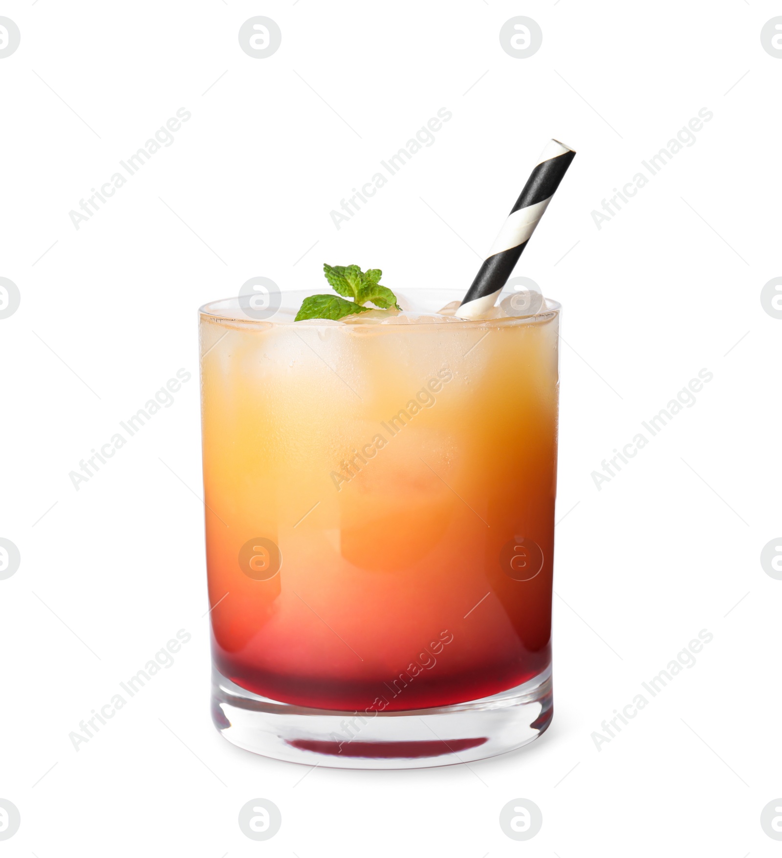 Photo of Fresh alcoholic Tequila Sunrise cocktail isolated on white