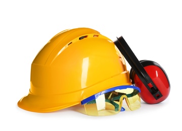 Set of safety equipment on white background