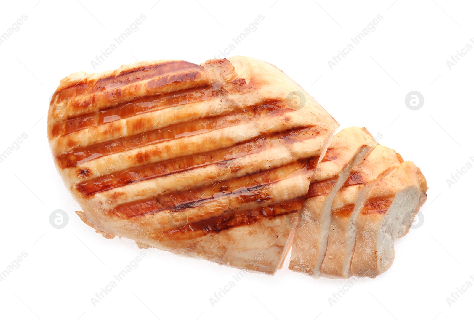 Photo of Tasty cut grilled chicken fillet isolated on white, top view