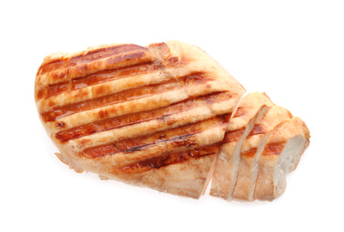 Photo of Tasty cut grilled chicken fillet isolated on white, top view