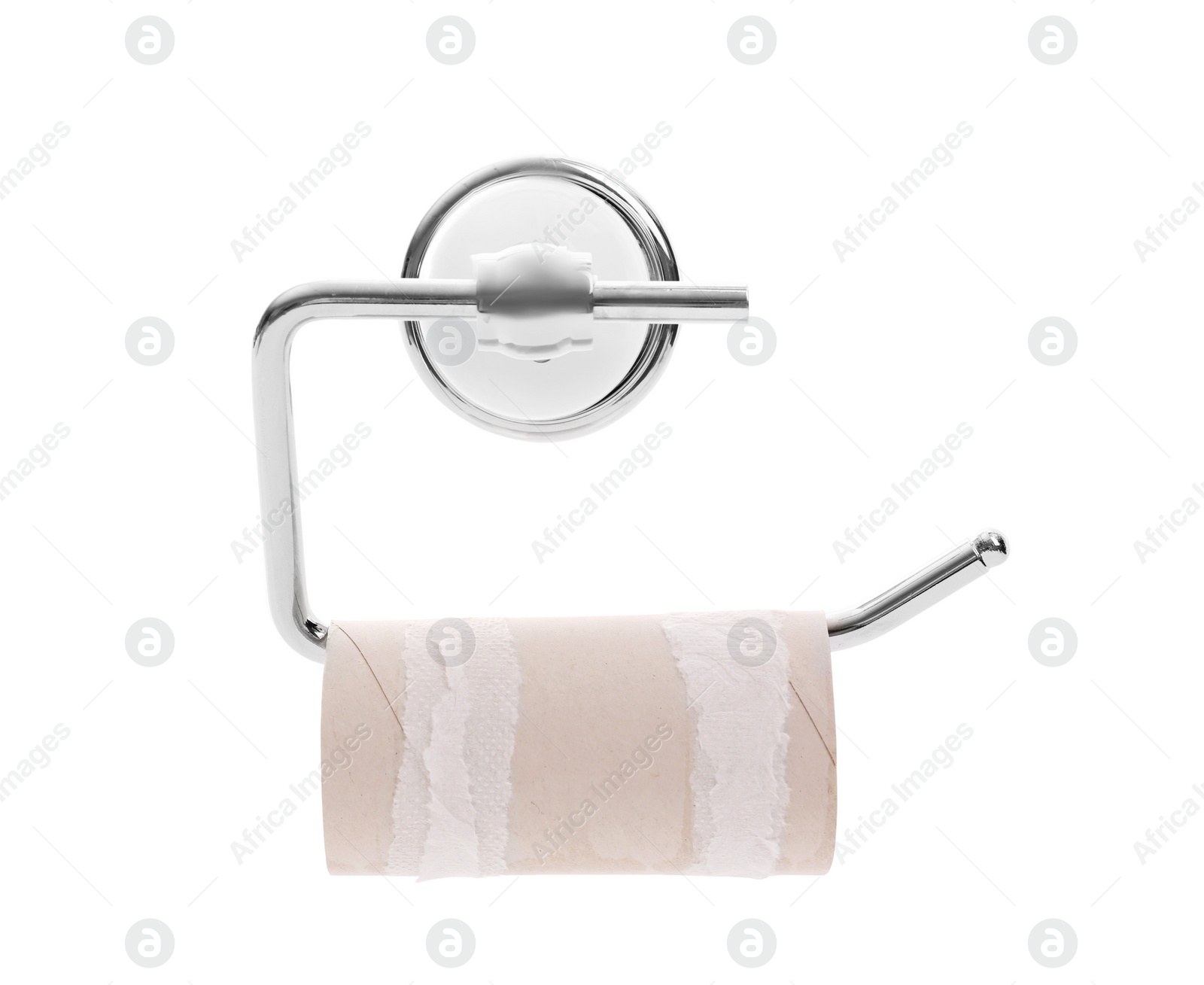 Photo of Holder with empty toilet paper roll on white background