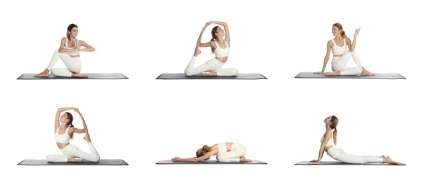 Image of Young woman practicing yoga on white background, collage. Banner design 