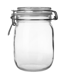 Photo of Empty glass jar on white background