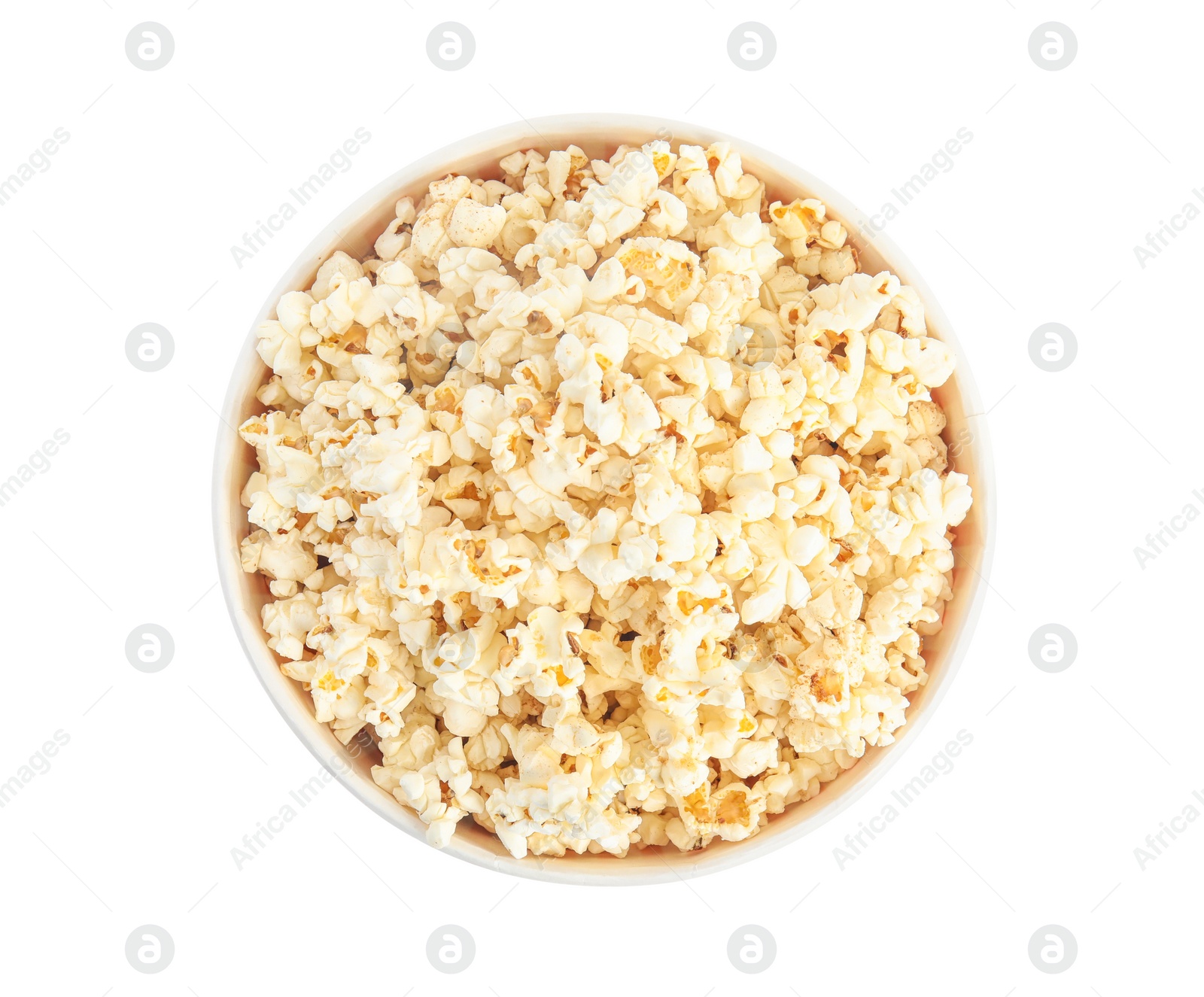 Photo of Bucket of tasty pop corn isolated on white, top view