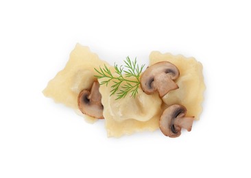 Photo of Delicious ravioli with mushroom and dill isolated on white, top view