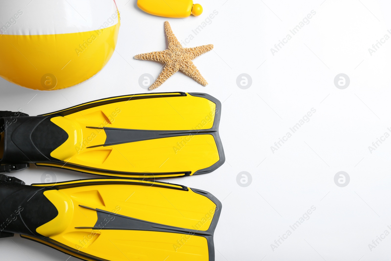 Photo of Composition with beach accessories on white background, top view