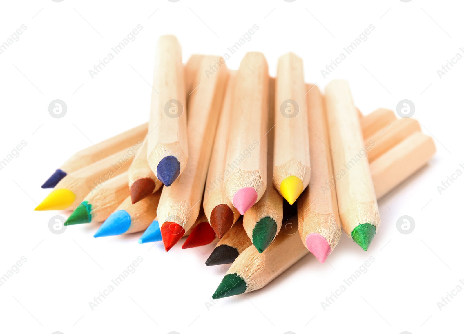 Photo of Different color pencils on white background. School stationery