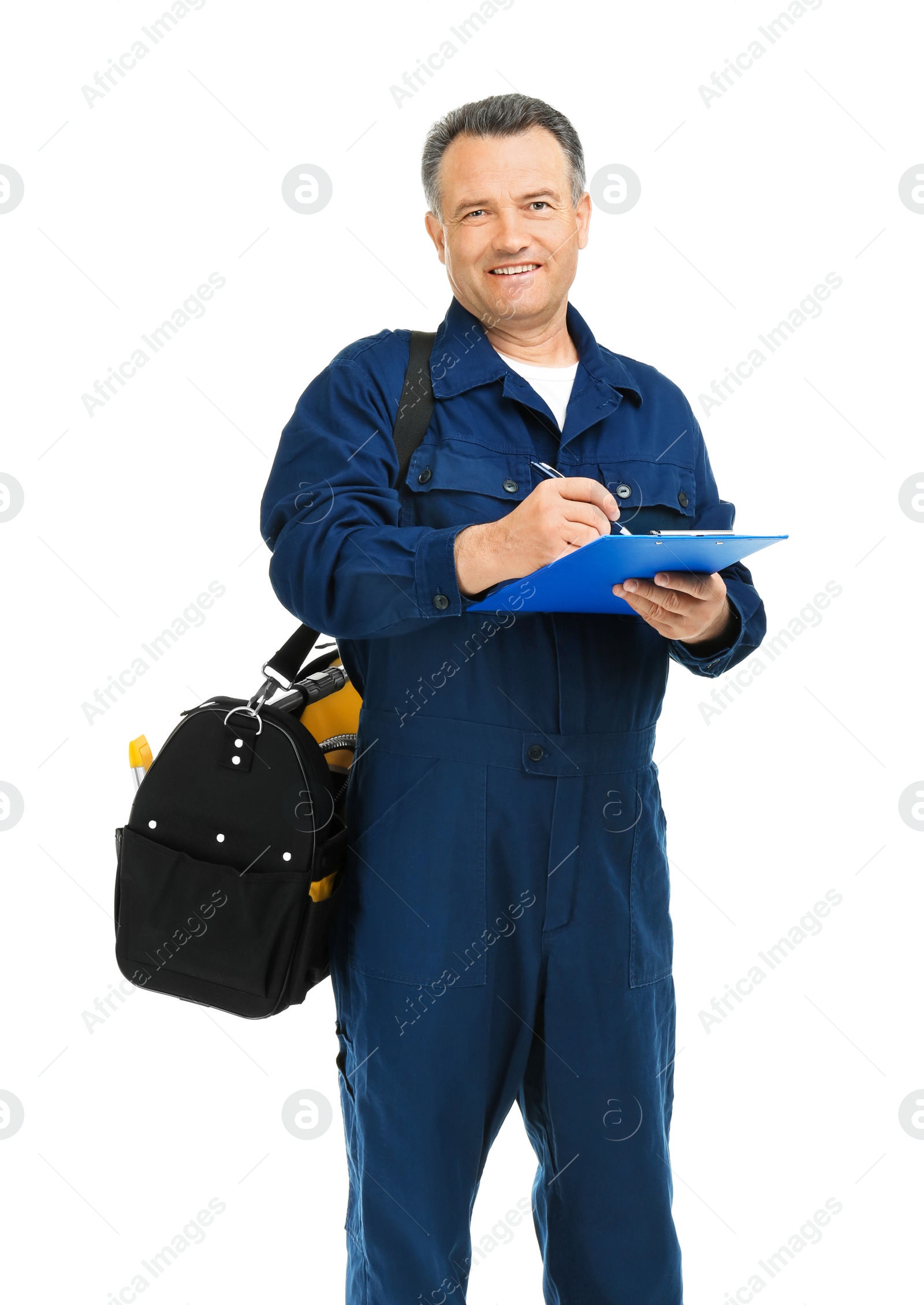 Photo of Mature plumber with clipboard and tool bag on white background