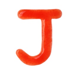 Letter J written with red sauce on white background