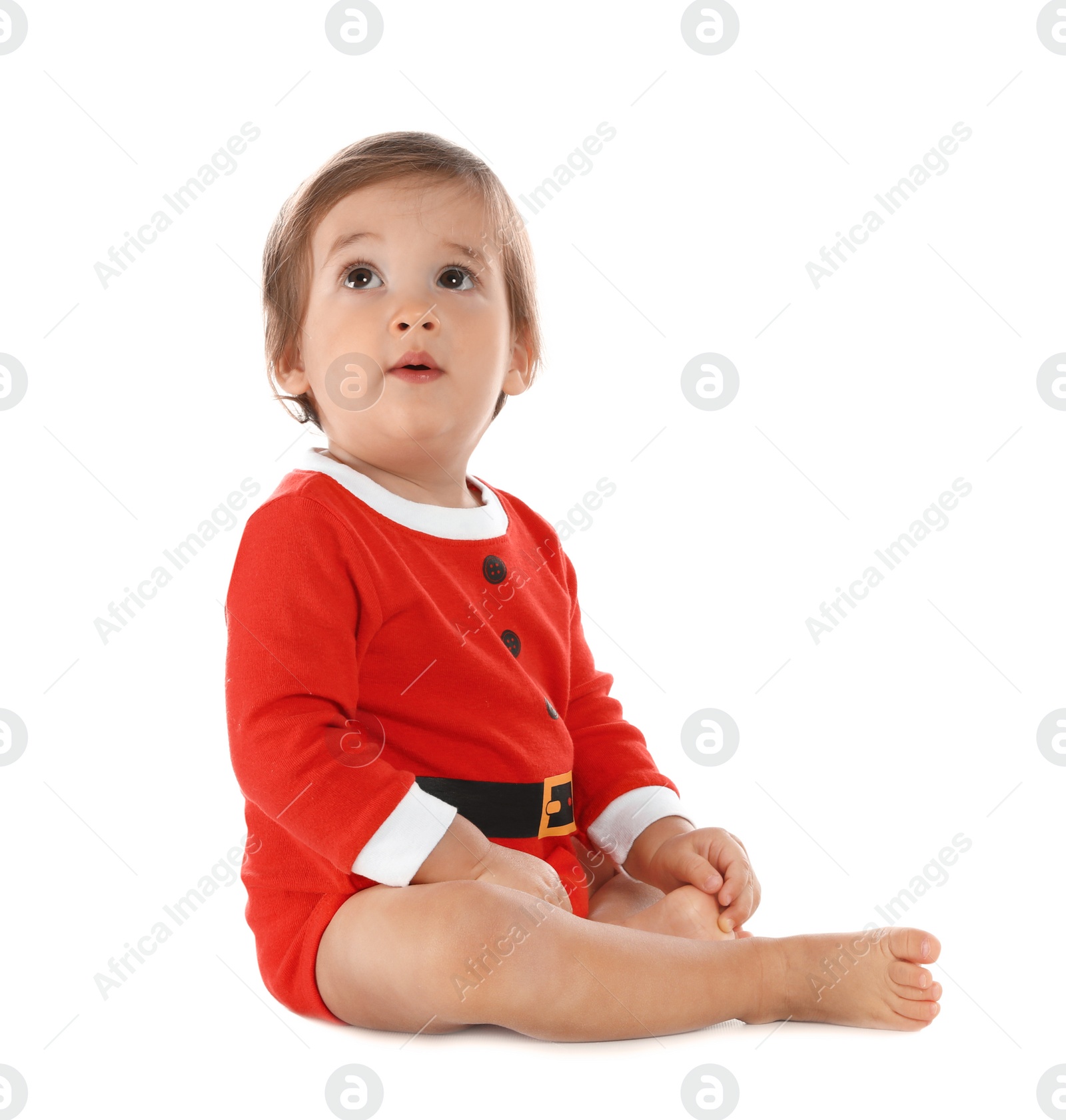 Photo of Cute little baby wearing festive Christmas costume on white background