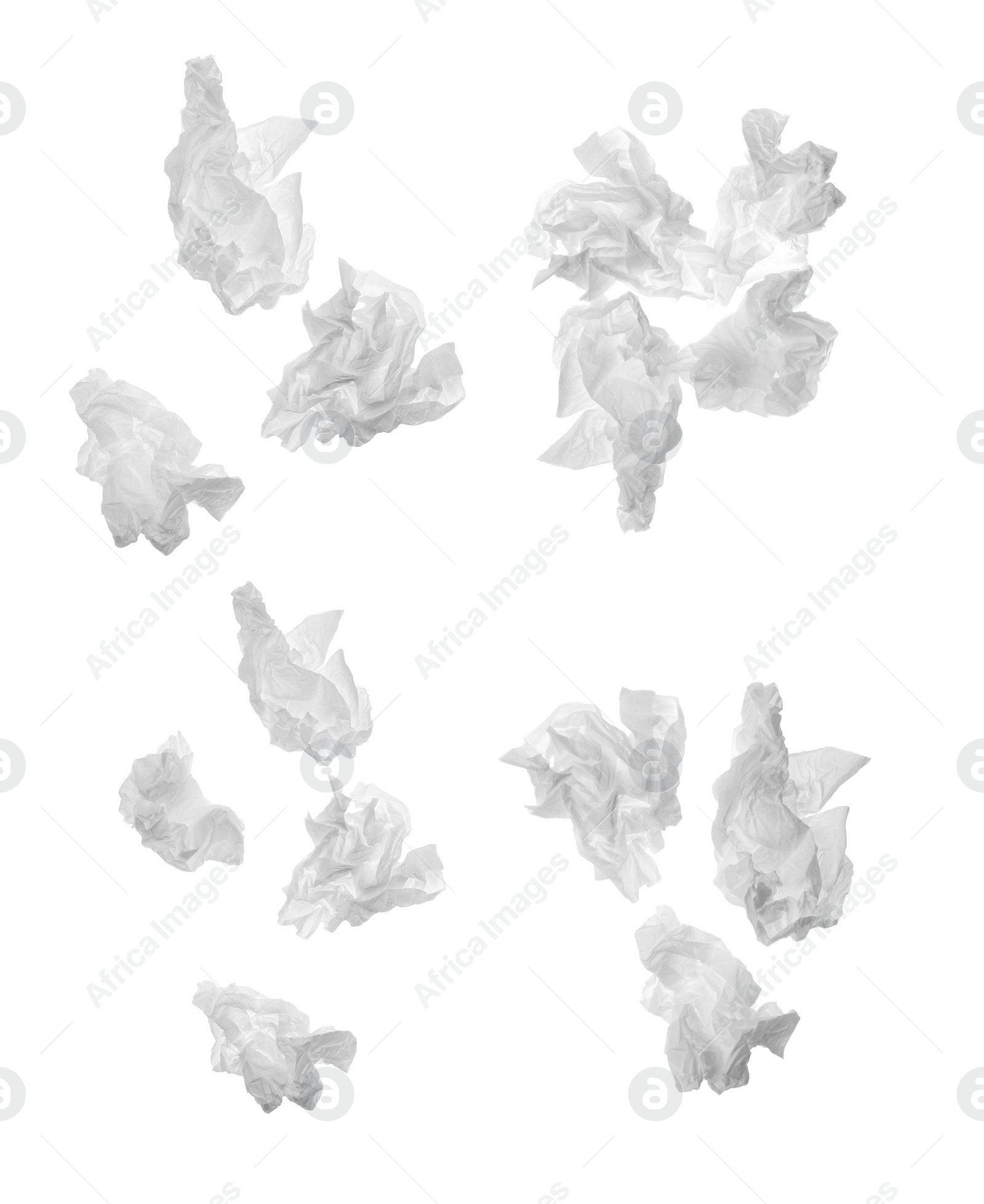 Image of Set with used crumpled paper tissues on white background