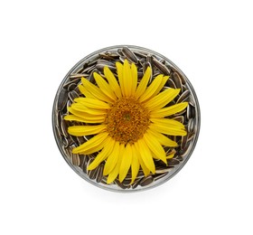 Bowl with sunflower and seeds on white background, top view